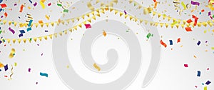 Celebration background template with confetti and streamers on white background. Vector illustration