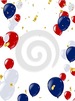 Celebration banner background with confetti and blue red balloons and joyful mood. Christmas, New Year, birthday or wedding