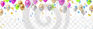 Celebration banner with balloons and confetti. Vector illustration