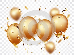 Celebration banner with gold confetti and balloons, isolated on transparent backgroound