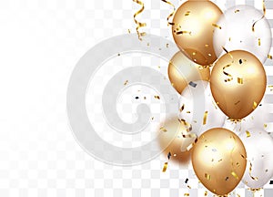 Celebration banner with gold confetti and balloons, isolated on transparent background