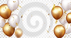 Celebration banner with gold confetti and balloons, isolated on transparent background