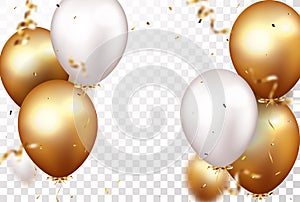 Celebration banner with gold confetti and balloons, isolated on transparent background
