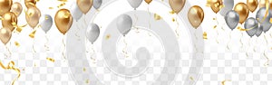 Celebration banner with gold and silver balloons and confetti. Vector illustration
