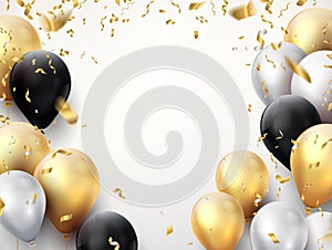 Celebration banner. Happy birthday party background with golden ribbons, confetti and balloons. Realistic anniversary photo