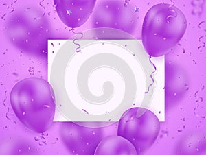 Celebration banner with purple balloons and confetti