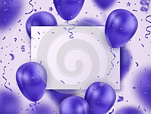 Celebration banner with violet blue balloons and confetti