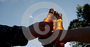 Celebration beer cheers concept, hands holding up bottles of beer of people group in outdoor party vacation. Close up