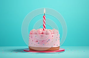 Celebration birthday cake with 1 candles on pastel blue background