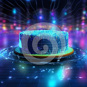 celebration, birthday cake with digital technology background by generative AI.