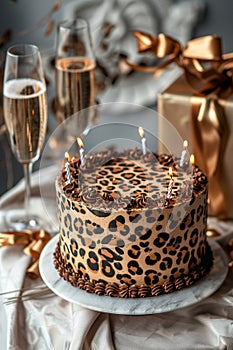 celebration birthday cake with leopard spots, with birthday candles