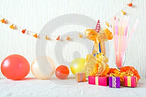 Celebration, Birthday party background with colorful party hat, confetti, gift boxes and other decor