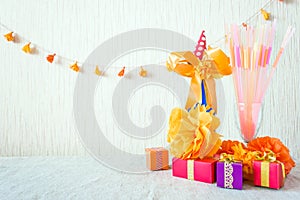 Celebration, Birthday party background with colorful party hat, confetti, gift boxes and other decor