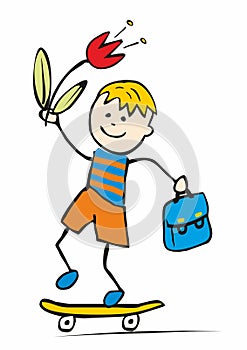 Celebration card, boy with tulip and satchel on skateboard, funny vector illustration, eps.