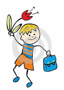 Celebration card, boy with tulip and school bag, smiling kid, vector illustration, eps.