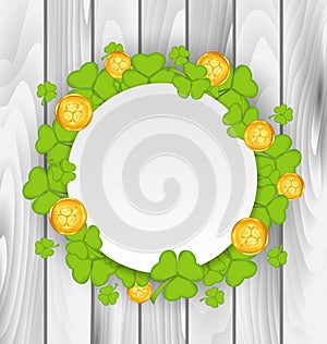 Celebration card with clovers and golden coins for St. Patricks