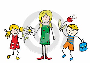 Celebration card, Teacher\'s day, woman and girl and boy with flowers, eps.