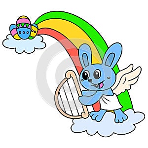 Celebration cartoon welcoming Easter Day with fantasy angel rabbit and rainbow, doodle icon image kawaii