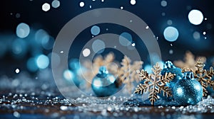 Celebration with Christmas Balls Snow Flacks Blue Sparkie Lights Defocused Background Image