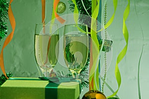 The celebration of Christmas and the New year with champagne. Christmas holiday decorated