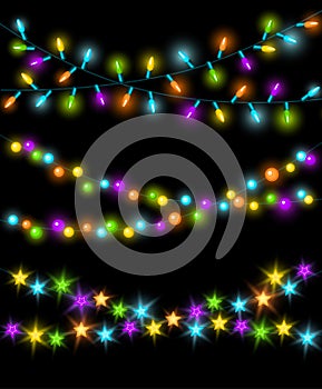 Celebration Christmas New Years Birthdays and other events glowing colorful led lights bulbs lamps, circles and stars