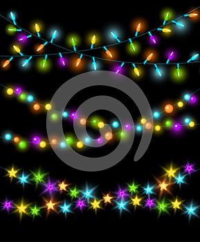 Celebration Christmas New Years Birthdays and other events glowing colorful led lights bulbs lamps, circles and stars photo