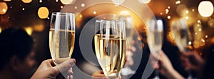 Celebration at christmas or new years eve. People holding glasses of champagne making a toast at a party