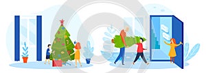 Celebration christmas, winter mood, people spending time together, boy, girl decorate fir-tree, flat style, vector
