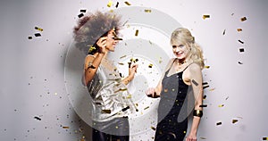 Celebration, confetti and diversity women dance to celebrate happy new year, fashion party or friendship reunion. High