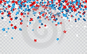 Celebration confetti in national colors of USA. Holiday confetti in US flag colors. 4th July independence day background