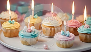 Celebration Cupcakes: Colorful cupcakes with lit candles displayed against a backdrop of wrapped gifts. Captured indoors