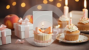 Celebration Cupcakes: Colorful cupcakes with lit candles displayed against a backdrop of wrapped gifts. Captured indoors