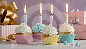 Celebration Cupcakes: Colorful cupcakes with lit candles displayed against a backdrop of wrapped gifts. Captured indoors
