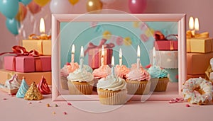 Celebration Cupcakes: Colorful cupcakes with lit candles displayed against a backdrop of wrapped gifts. Captured indoors