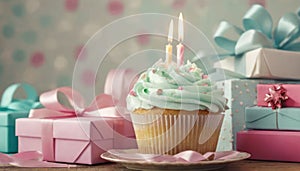 Celebration Cupcakes: Colorful cupcakes with lit candles displayed against a backdrop of wrapped gifts. Captured indoors