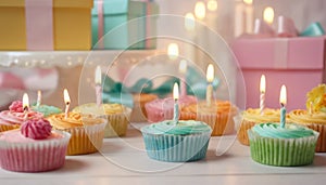 Celebration Cupcakes: Colorful cupcakes with lit candles displayed against a backdrop of wrapped gifts. Captured indoors