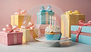 Celebration Cupcakes: A festive display of cupcakes with lit candles on a table, surrounded by soft lights and