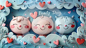 celebration design, family day in soft pastel colors, with smiling faces and hearts, evokes a warm and cheerful vibe in photo