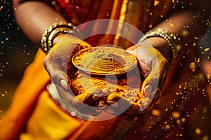 In celebration of Diwali, delicate female hands hold a beautiful candle