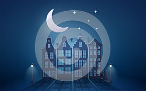 Celebration Dutch holidays - Saint Nicholas or Sinterklaas in front of city at night - blue paper graphic