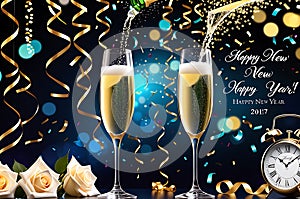 Celebration Elegance: Champagne Glasses Clinking in a Toast with Effervescent Bubbles and the Midnight Clock Striking photo