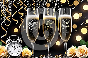 Celebration Elegance: Champagne Glasses Clinking in a Toast with Effervescent Bubbles and the Midnight Clock Striking photo