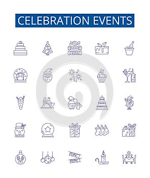 Celebration events line icons signs set. Design collection of Festivities, Fete, Gala, Jubilee, Occasion, Ceremony