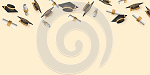 Celebration falling graduation cap and diploma. Education, degree ceremony concept. Vector illustration