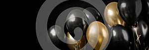 Celebration, festival background with helium balloons. Greeting banner or poster with gold and black flying balloons. Celebrate a