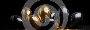 Celebration, festival background with helium balloons. Greeting banner or poster with gold and black flying balloons. Celebrate a