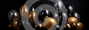 Celebration, festival background with helium balloons. Greeting banner or poster with gold and black flying balloons. Celebrate a