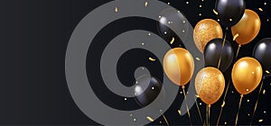 Celebration, festival background with helium balloons. Greeting banner or poster with gold and black realistic 3d vector flying ba