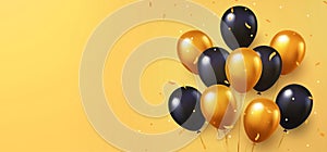 Celebration, festival background with helium balloons. Greeting banner or poster with gold and black realistic 3d vector flying ba