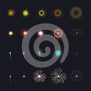 Celebration firework set for animation. Different firecracker stages in black background.